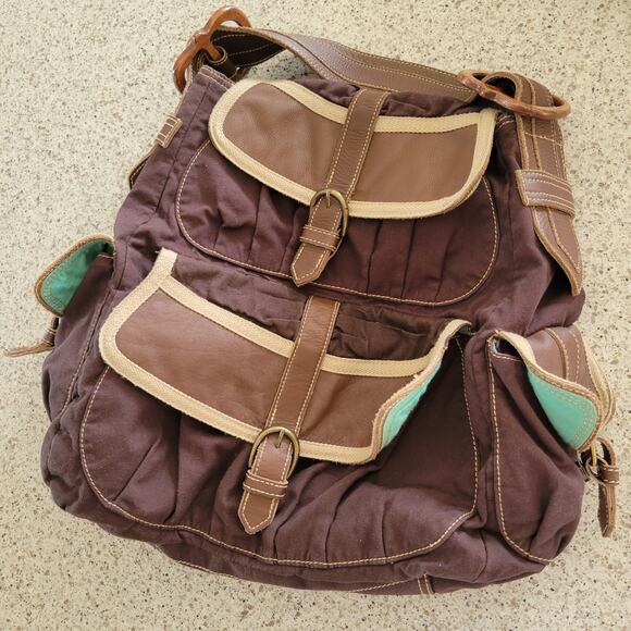 VTG GAP Y2K Canvas Brown Wood Top Handle Flap Pocket Messenger Bag Satchel Tote - Picture 1 of 15
